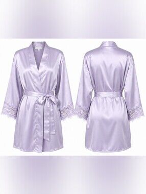 NWT iCollection Jill Light Lilac Satin Lace Trim Kimono Robe Small Bridal Pastel